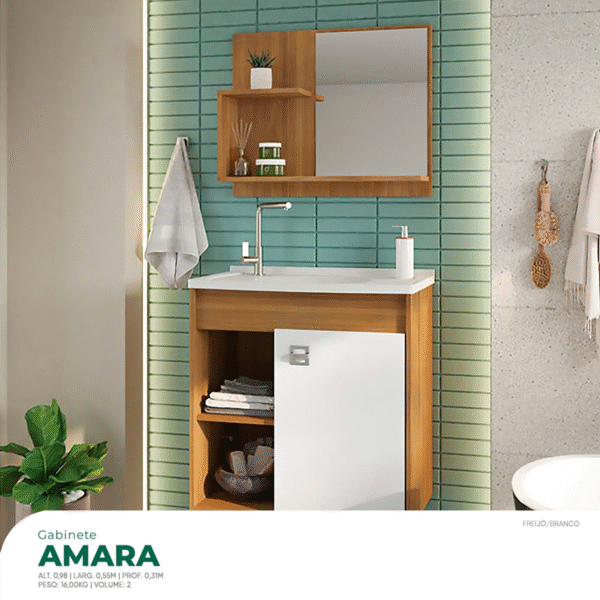 Gabinete para Banheiro Suspenso com Cuba e Espelheira Amara 60cm - Freijó/Branco