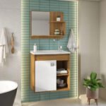 Gabinete para Banheiro Suspenso com Cuba e Espelheira Amara 60cm - Freijó/Branco